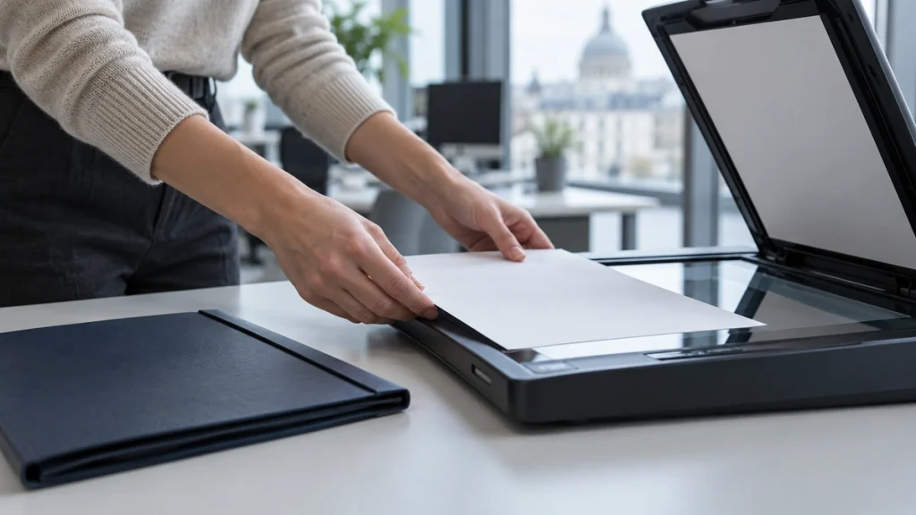 Hands place a document on a flatbed scanner beside a closed folder.