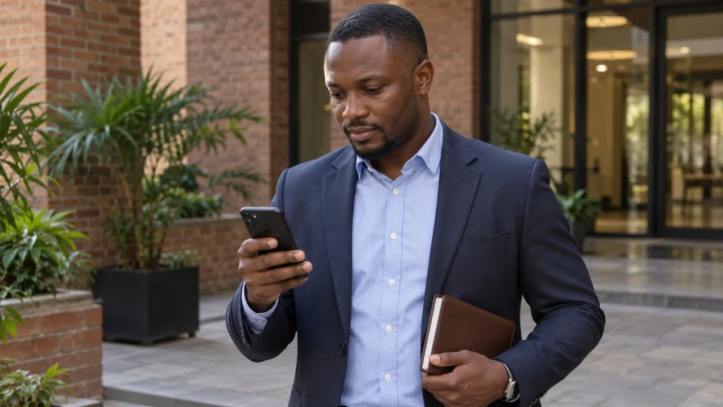 A man checks his smartphone while holding a diary outside a brick office building.