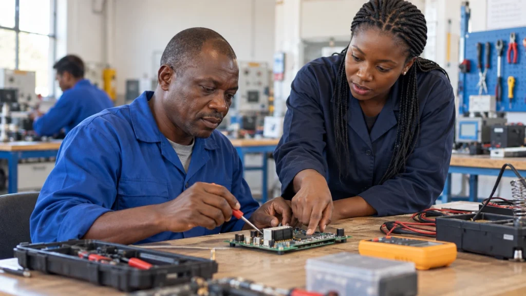 A learner practises a technical skill with an instructor at a workbench.