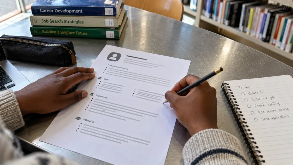 Hands revise a printed CV with a pencil beside a notebook on a library table.