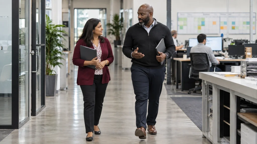 A new employee walks through an office with a supervisor and folder.