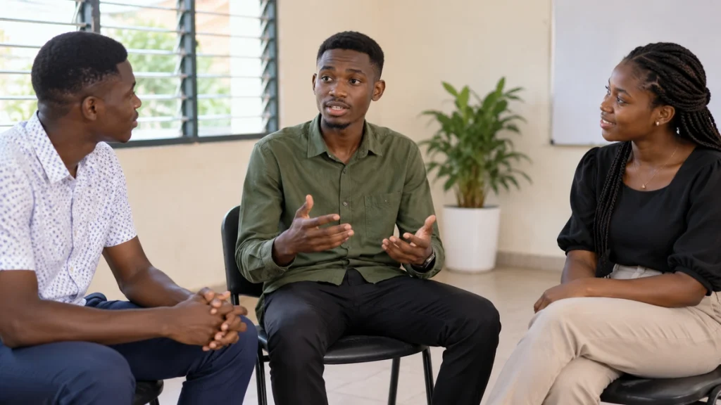 A young man practises an interview while two peers listen in a bright room.