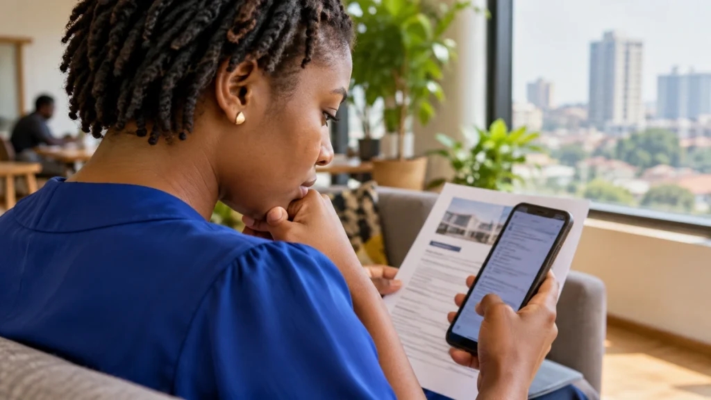 A woman compares a smartphone message with a printed information sheet.