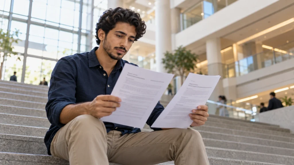 A candidate reviews printed job descriptions and marks requirements.