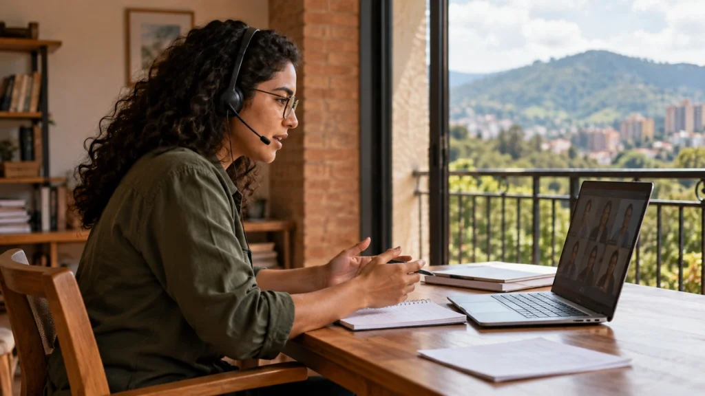 A woman wearing a headset speaks on a laptop video call beside a balcony.