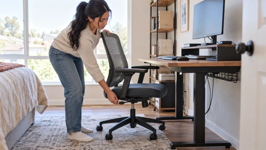 A remote worker adjusts a chair and monitor in a tidy home workspace.