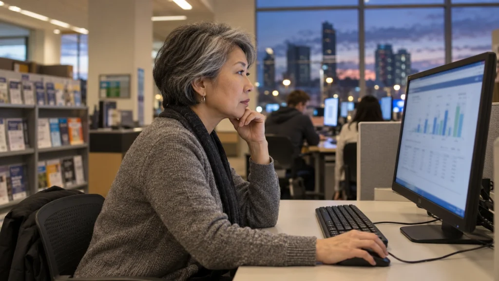 A woman researches information at a desktop computer in a career centre.