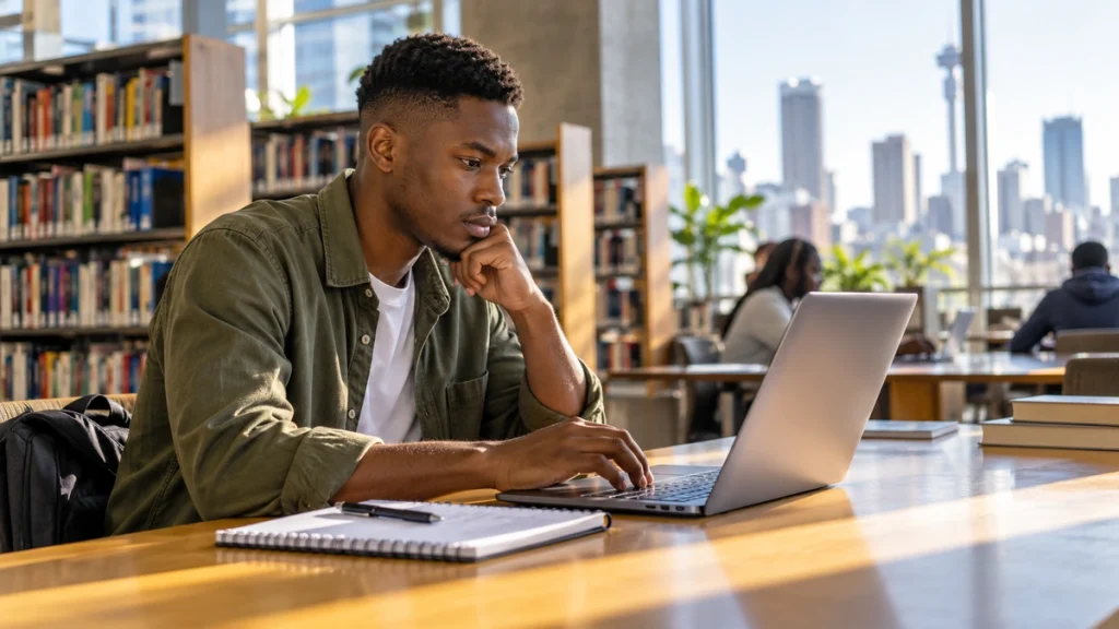 A man reviews a laptop beside a notebook at a sunlit library table.