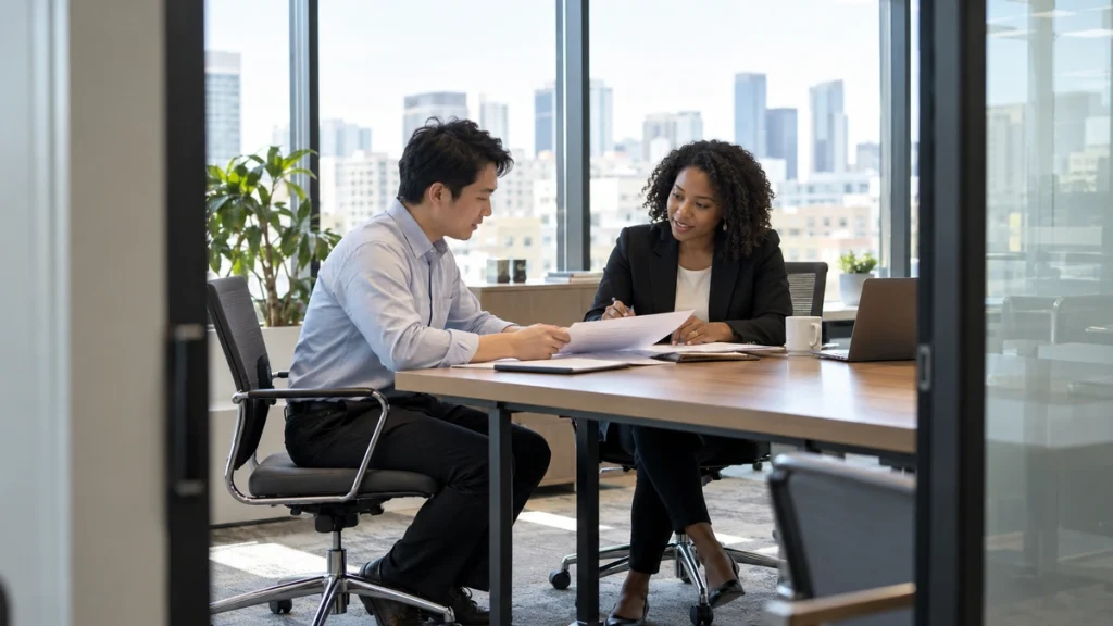 A job applicant and a recruiter discuss a paper portfolio in a modern office.